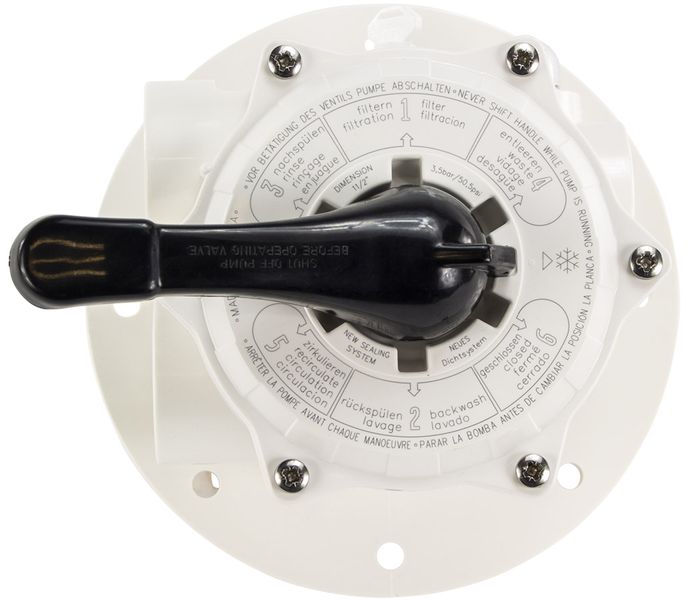 Praher 6-weg klep 2" voor topmount zandfilter bovenaanzicht.