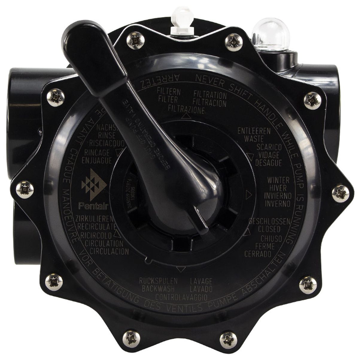 Pentair 6-weg klep 2" topmount voor Tagelus zandfilter bovenaanzicht.