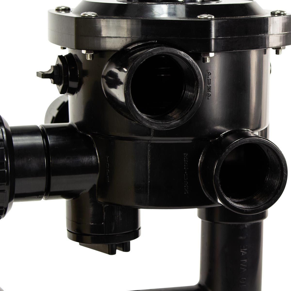 Mega+ 6-weg klep 1,5" sidemount voor MFS zandfilter detail aansluiting.