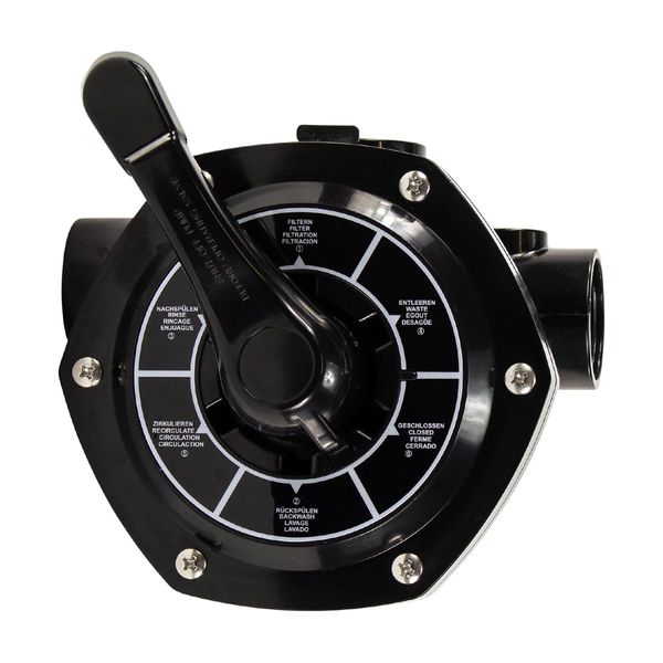 Mega+ 6-weg klep 2" sidemount voor MFS zandfilter bovenaanzicht.