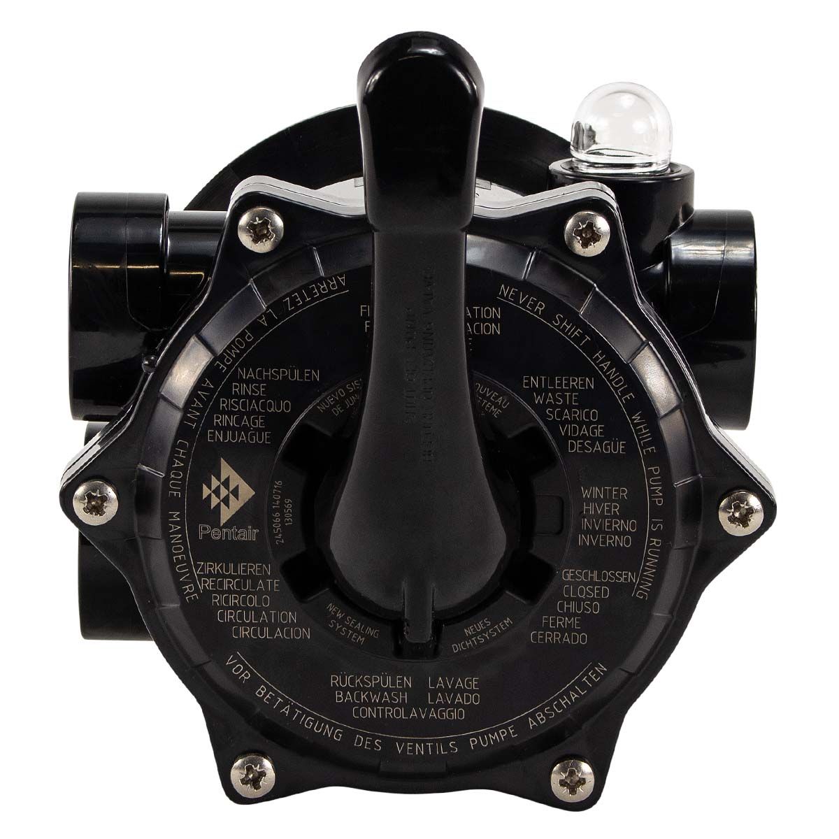 Pentair 6-weg klep 1,5" sidemount voor Triton zandfilter bovenaanzicht.