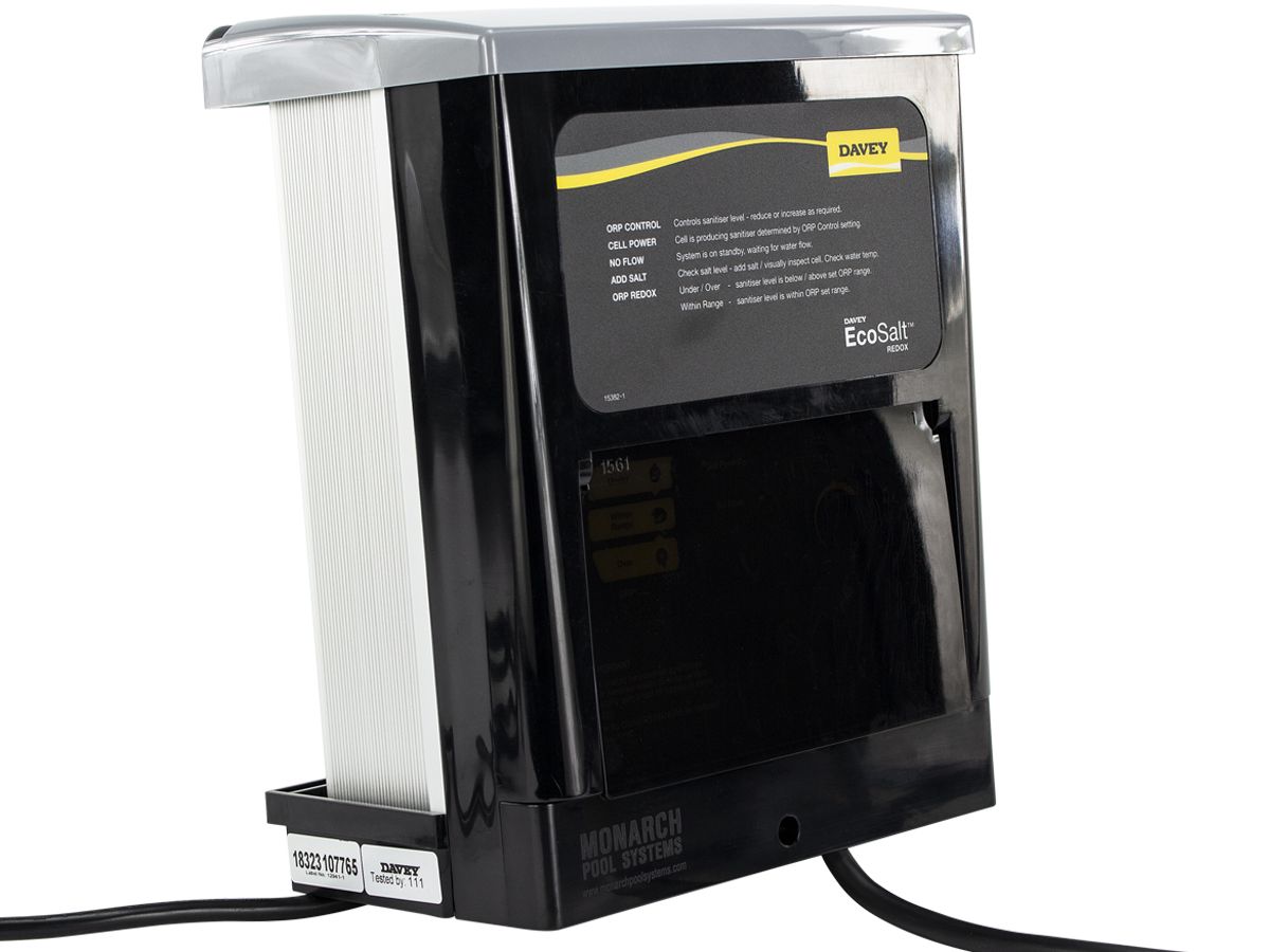 Davey EcoSalt Zoutelectrolyse met redox sensor (tot 60m3) zijaanzicht.