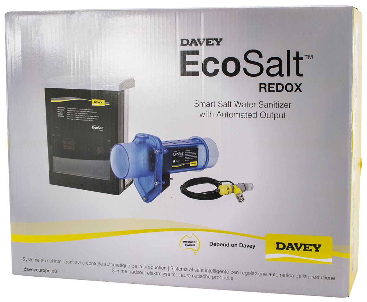 Davey EcoSalt Zoutelectrolyse met redox sensor (tot 60m3) verpakking.