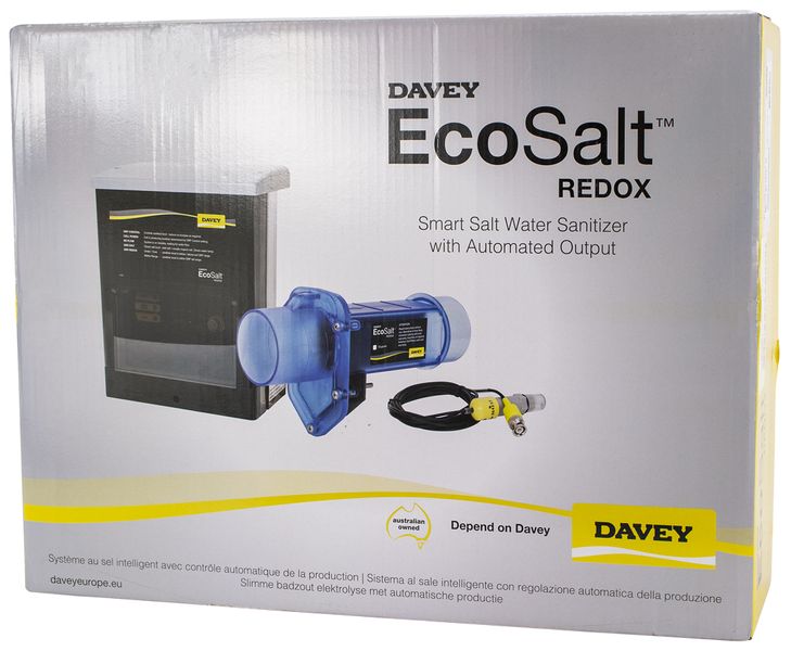 Davey EcoSalt Zoutelectrolyse met redox sensor (tot 60m3) verpakking.